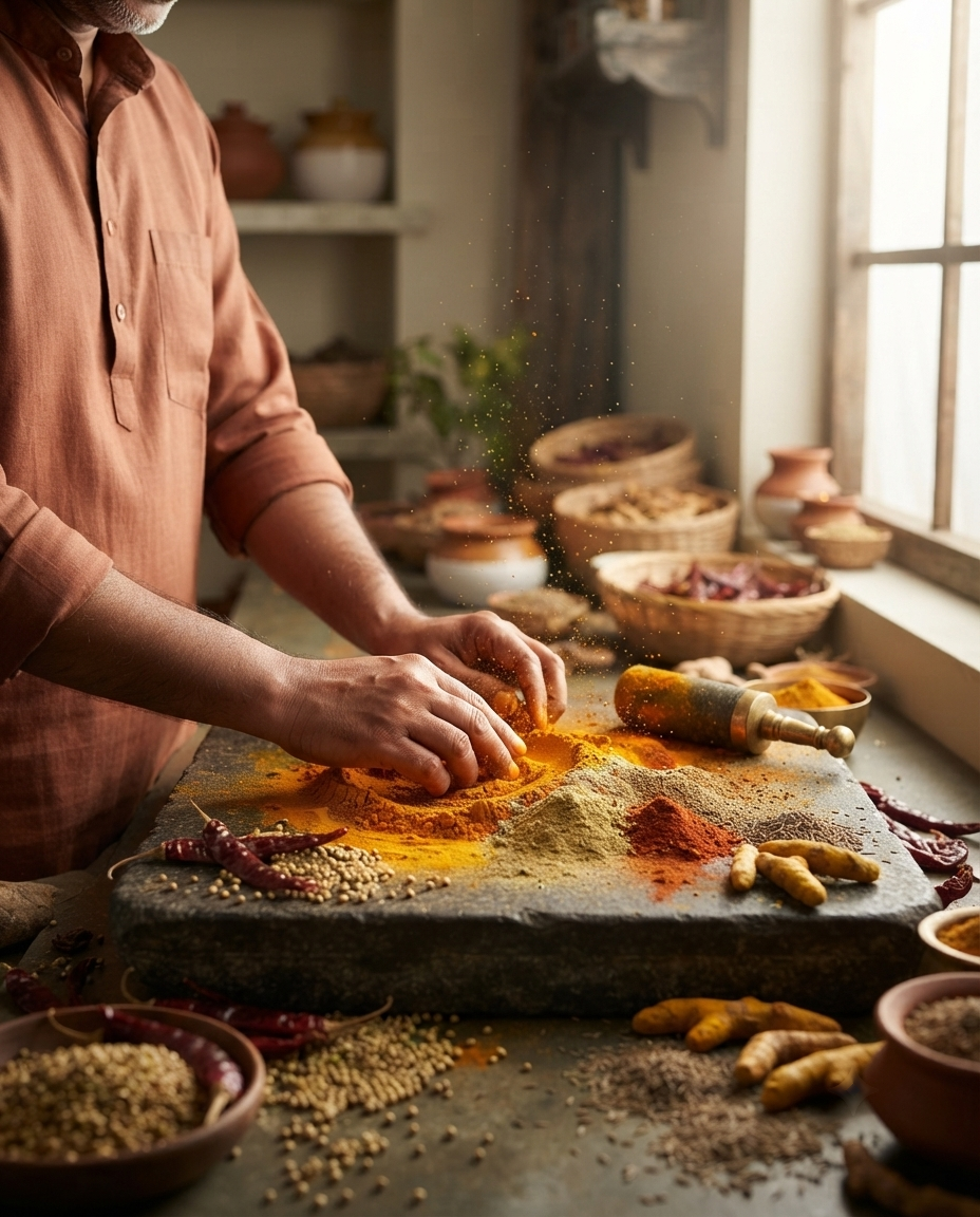 Fresh whole spices being prepared